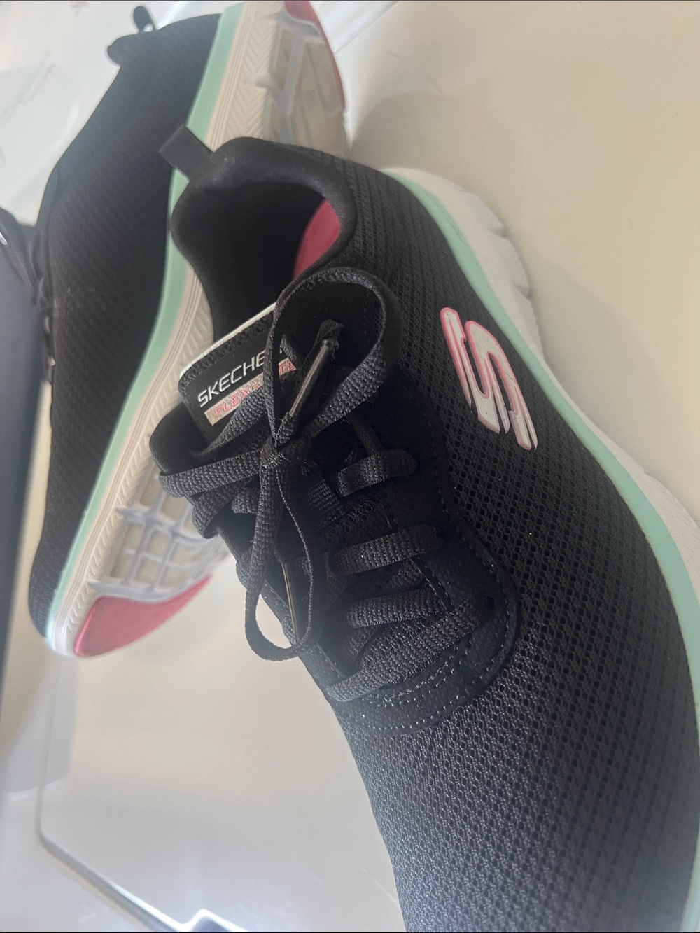Skechers Black Knit Sneakers with Pink Insole and Mint Trim - Picture 2 of 4